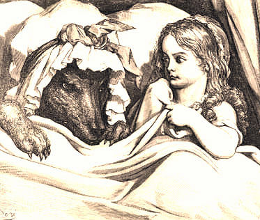 Gustave Dore, Red Riding Hood is surprised to see what her Grandmother looks like