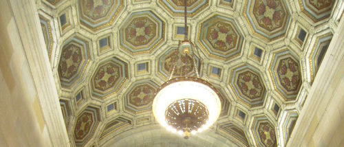 Ornate ceiling and chandelier, 360 St. James